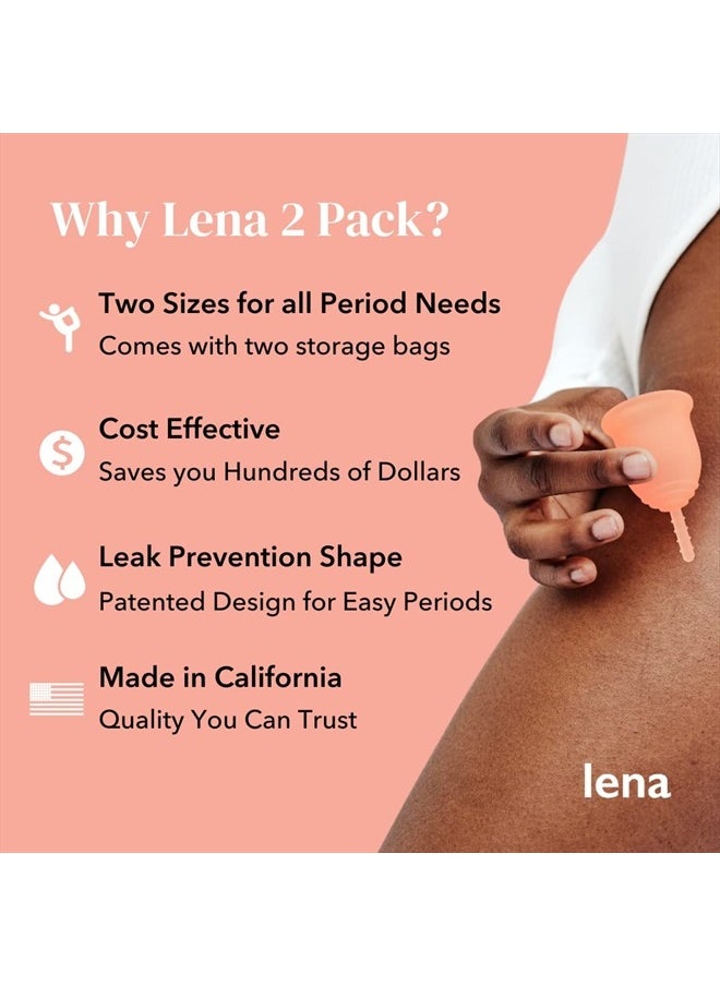 Lena - Menstrual Cup - Reusable, Soft Silicone, Light & Super Heavy Flow, Beginner & Experienced Use - Ideal Alternative - Tampons, Pads, Period Underwear - Small Purple, Large Turquoise - 2 Count - Image 1