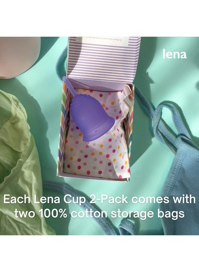 Lena - Menstrual Cup - Reusable, Soft Silicone, Light & Super Heavy Flow, Beginner & Experienced Use - Ideal Alternative - Tampons, Pads, Period Underwear - Small Purple, Large Turquoise - 2 Count - Image 1