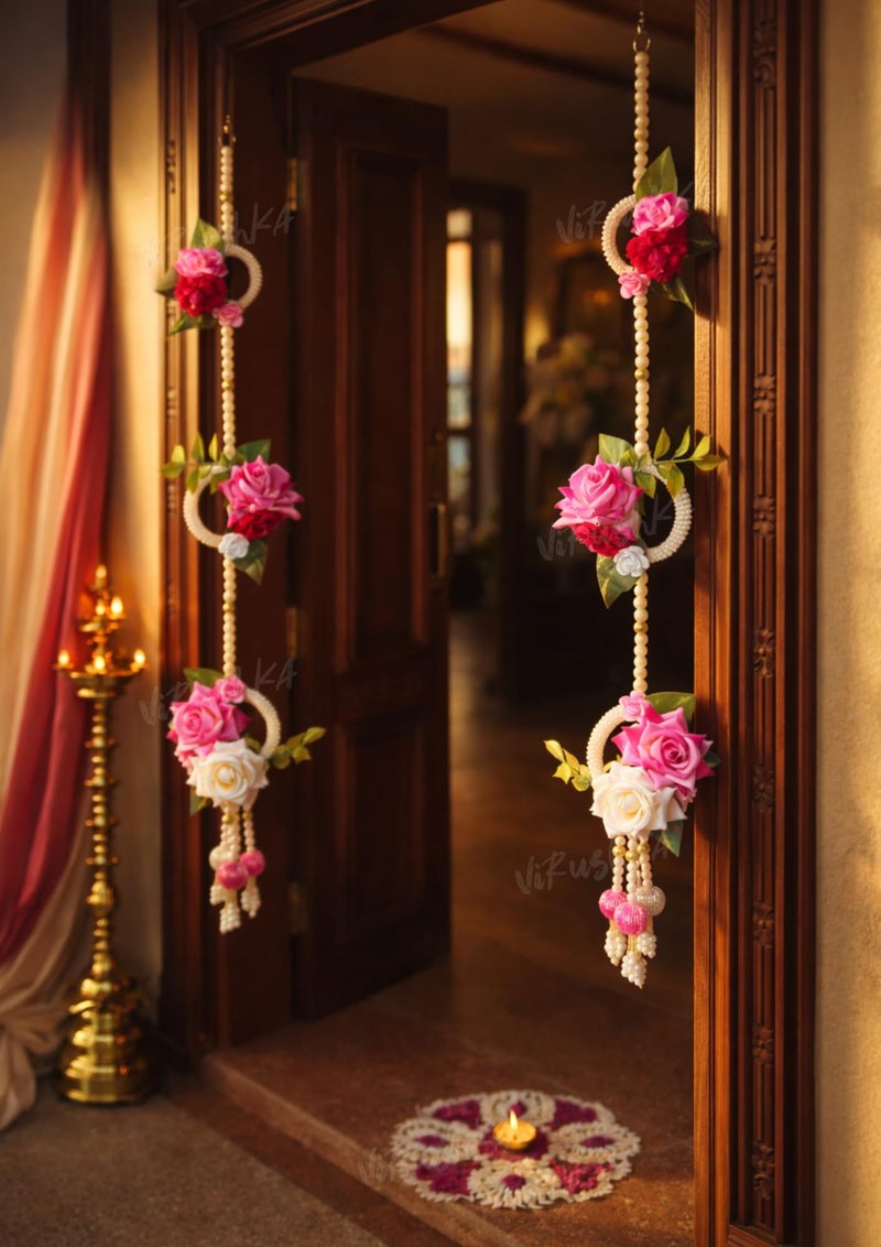 Virushka Artificial Rose Flower Door Hanging (Pack of 2 Strings) ? Pearl Beaded Wall & Side Latkan for Entrance, Mandir & Festive Decoration | Diwali, Wedding Decor | 137 cm - Image 3