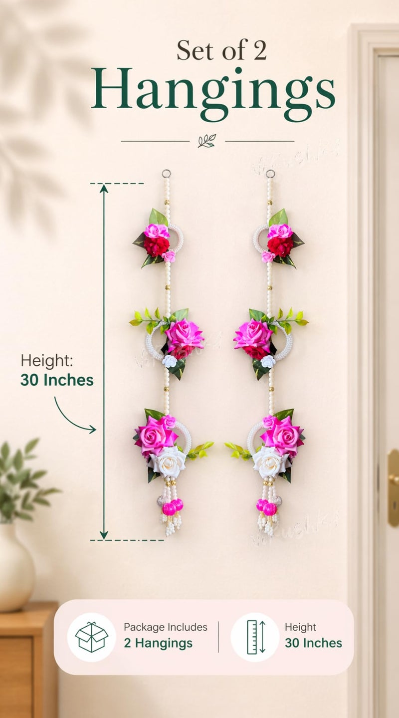 Virushka Artificial Rose Flower Door Hanging (Pack of 2 Strings) ? Pearl Beaded Wall & Side Latkan for Entrance, Mandir & Festive Decoration | Diwali, Wedding Decor | 137 cm - Image 2