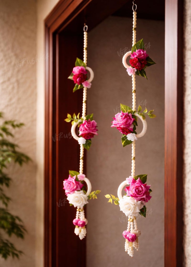 Virushka Artificial Rose Flower Door Hanging (Pack of 2 Strings) ? Pearl Beaded Wall & Side Latkan for Entrance, Mandir & Festive Decoration | Diwali, Wedding Decor | 137 cm - Image 1