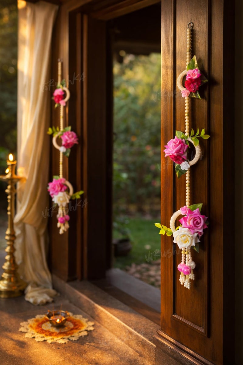 Virushka Artificial Rose Flower Door Hanging (Pack of 2 Strings) ? Pearl Beaded Wall & Side Latkan for Entrance, Mandir & Festive Decoration | Diwali, Wedding Decor | 137 cm - Image 4
