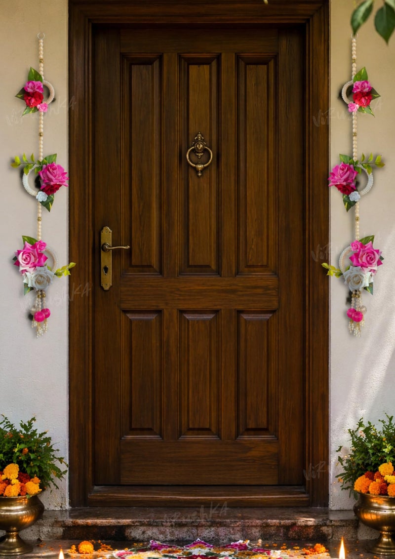 Virushka Artificial Rose Flower Door Hanging (Pack of 2 Strings) ? Pearl Beaded Wall & Side Latkan for Entrance, Mandir & Festive Decoration | Diwali, Wedding Decor | 137 cm - Image 5
