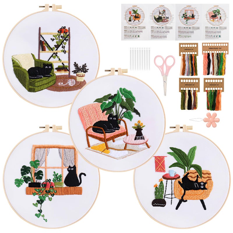 LOMOHOO 4 Sets Cat Embroidery Kit for Beginners, Cute Cat Pattern, Starter Craft DIY Embroidery Sets (Black Cat) - Image 1