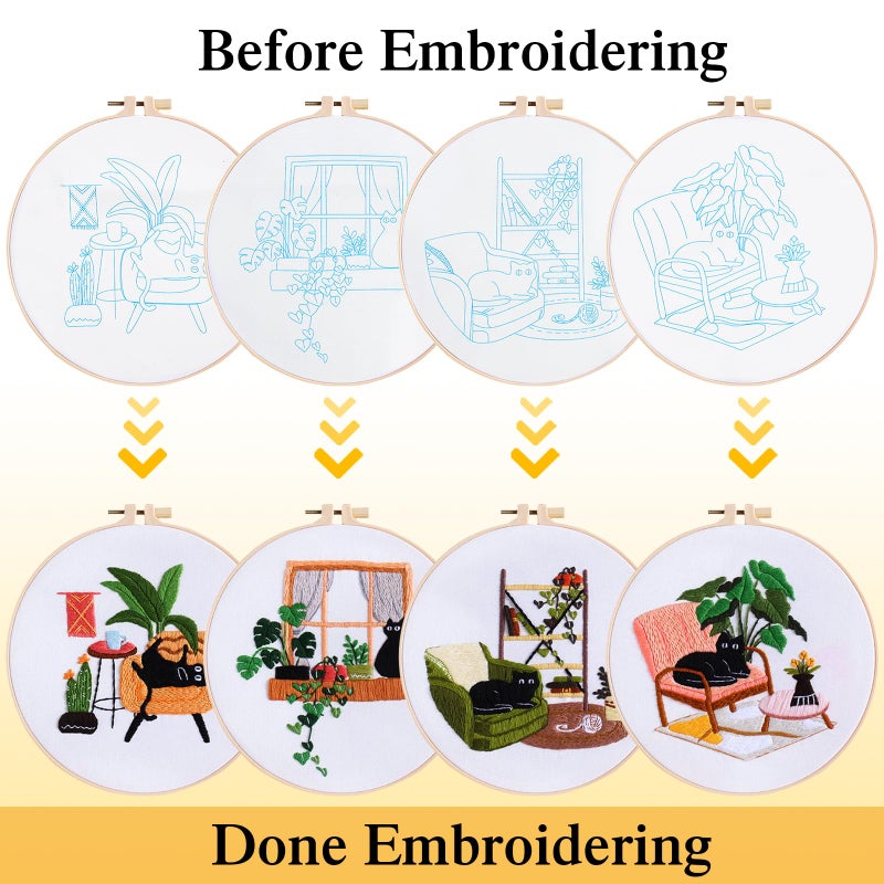 LOMOHOO 4 Sets Cat Embroidery Kit for Beginners, Cute Cat Pattern, Starter Craft DIY Embroidery Sets (Black Cat) - Image 2