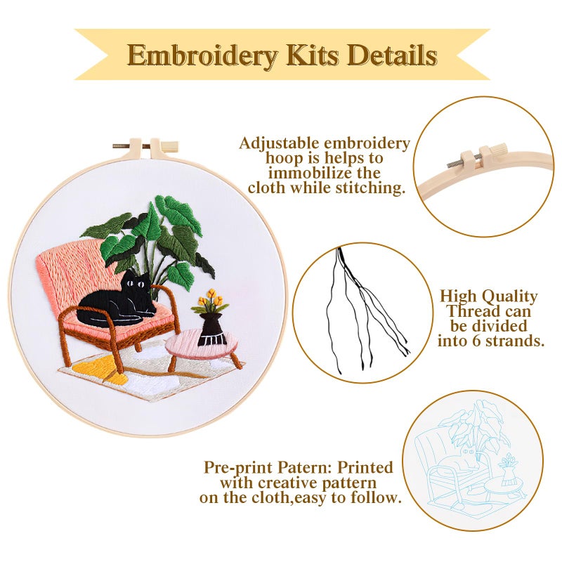 LOMOHOO 4 Sets Cat Embroidery Kit for Beginners, Cute Cat Pattern, Starter Craft DIY Embroidery Sets (Black Cat) - Image 4