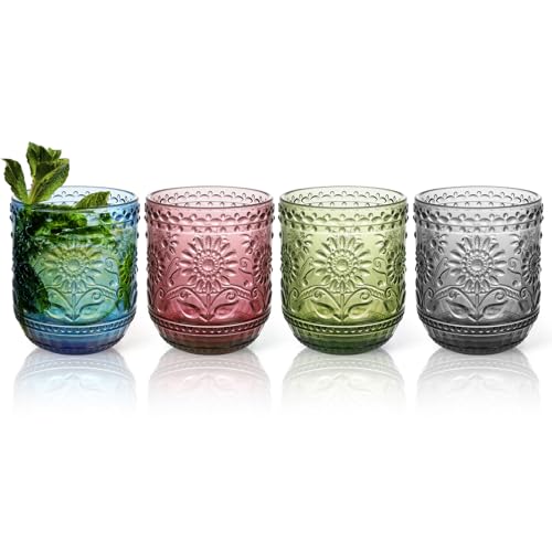 Topsky Vintage Drinking Glass Set of 412 oz Embossed Floral Drinkware SetColorful Drinking Glasses Cups Wine Glasses Colored Glassware for WhiskyBeerJuiceCocktailHeavy Duty