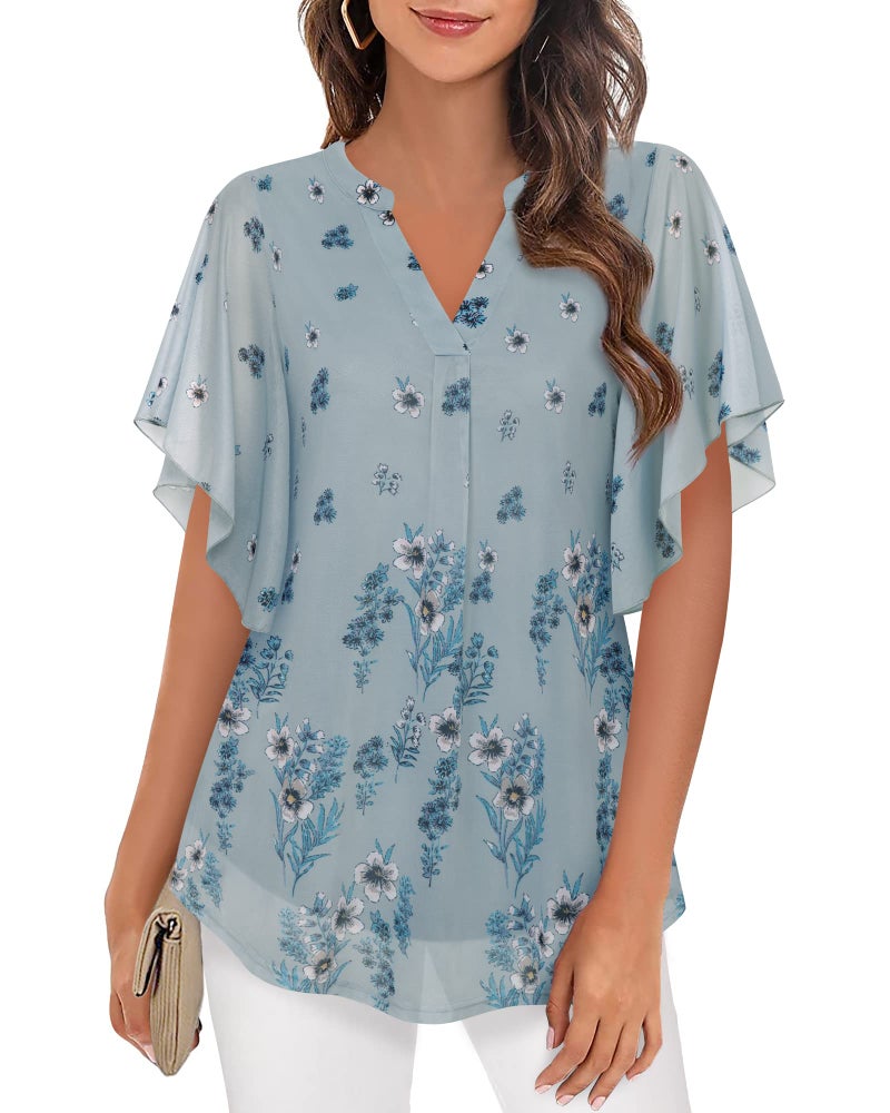 Timeson Womens Blouses and Tops Dressy Short Sleeve,Plus Size Tunics for Women Floral V Neck Business Casual Tops Office Work Loose Fitted Spring Dressy Shirts Swing High Low Blouses Gray Blue XXL - Image 1