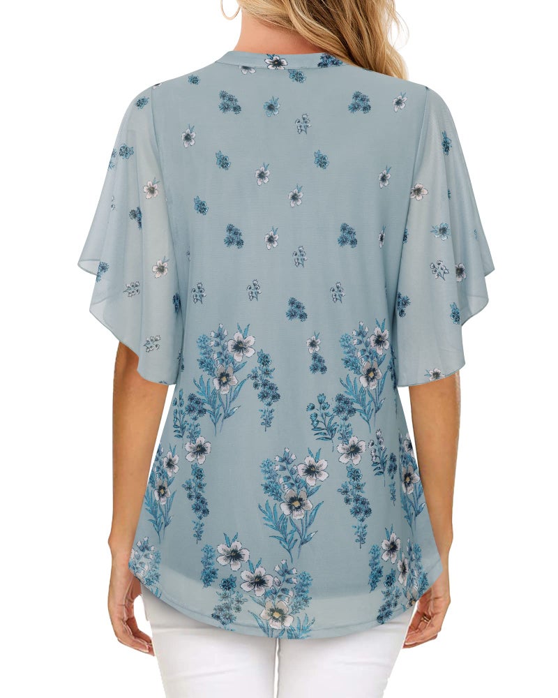 Timeson Womens Blouses and Tops Dressy Short Sleeve,Plus Size Tunics for Women Floral V Neck Business Casual Tops Office Work Loose Fitted Spring Dressy Shirts Swing High Low Blouses Gray Blue XXL - Image 3
