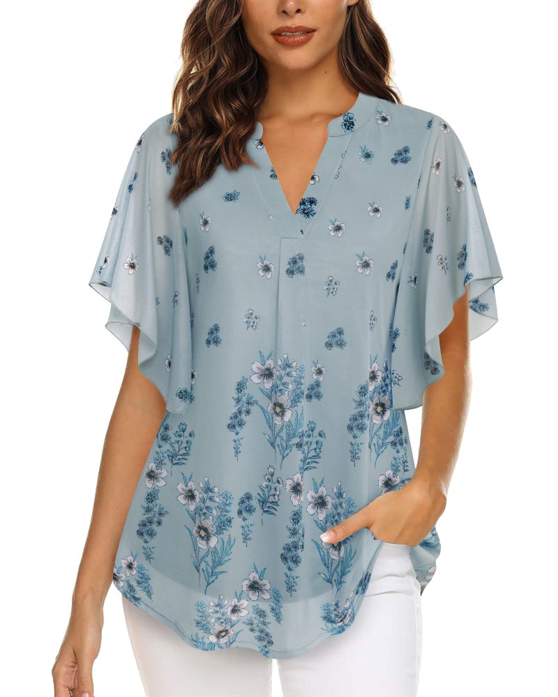 Timeson Womens Blouses and Tops Dressy Short Sleeve,Plus Size Tunics for Women Floral V Neck Business Casual Tops Office Work Loose Fitted Spring Dressy Shirts Swing High Low Blouses Gray Blue XXL - Image 2