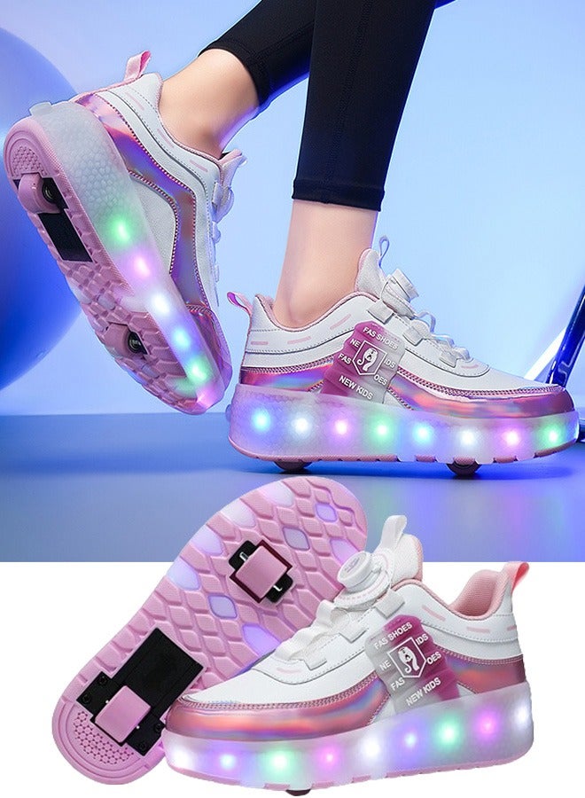 Kids Roller Skates Shoes with Lights Kids Skates Sneakers LED Light Up Rechargeable Wheels Shoes with Lights Outdoor Slip On Roller Skates Shoes Sneakers for Beginners Gift (Pink white)  - Image 1