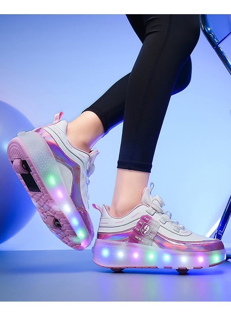 Kids Roller Skates Shoes with Lights Kids Skates Sneakers LED Light Up Rechargeable Wheels Shoes with Lights Outdoor Slip On Roller Skates Shoes Sneakers for Beginners Gift (Pink white)  - Image 3