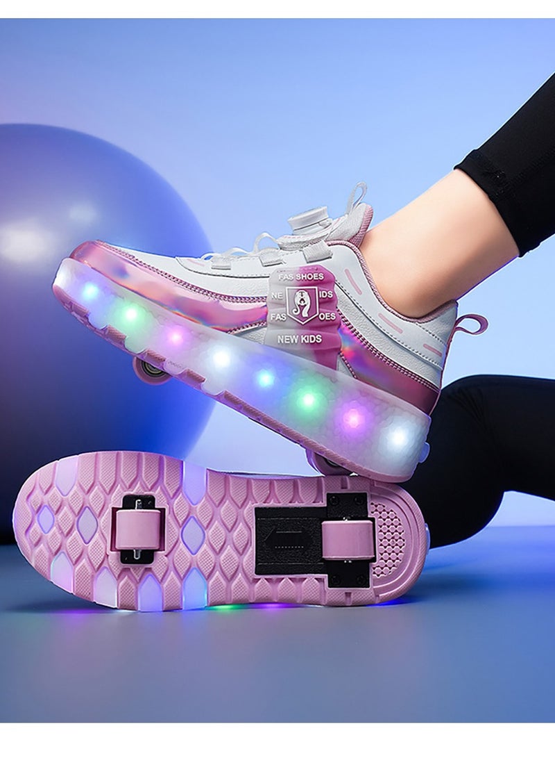 Kids Roller Skates Shoes with Lights Kids Skates Sneakers LED Light Up Rechargeable Wheels Shoes with Lights Outdoor Slip On Roller Skates Shoes Sneakers for Beginners Gift (Pink white)  - Image 4