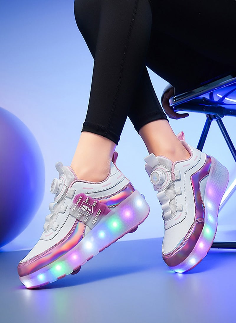 Kids Roller Skates Shoes with Lights Kids Skates Sneakers LED Light Up Rechargeable Wheels Shoes with Lights Outdoor Slip On Roller Skates Shoes Sneakers for Beginners Gift (Pink white)  - Image 5