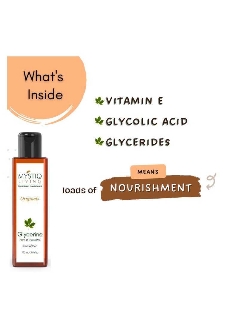 Mystiq Living Glycerine Plant Based Pure and Unscented For Face Skin and Body Care 100 ML