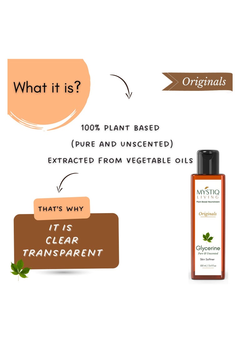 Mystiq Living Glycerine Plant Based Pure and Unscented For Face Skin and Body Care 100 ML