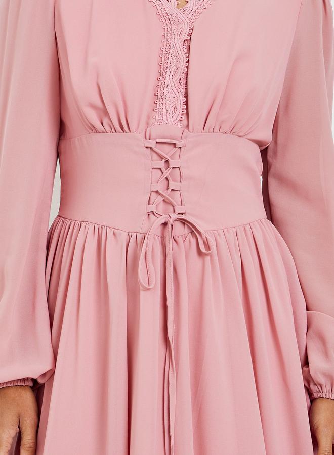 Styli Pink Tie-Up Waist V Neck Midi Dress - Image 4