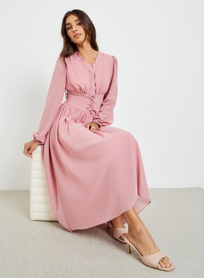 Styli Pink Tie-Up Waist V Neck Midi Dress - Image 1