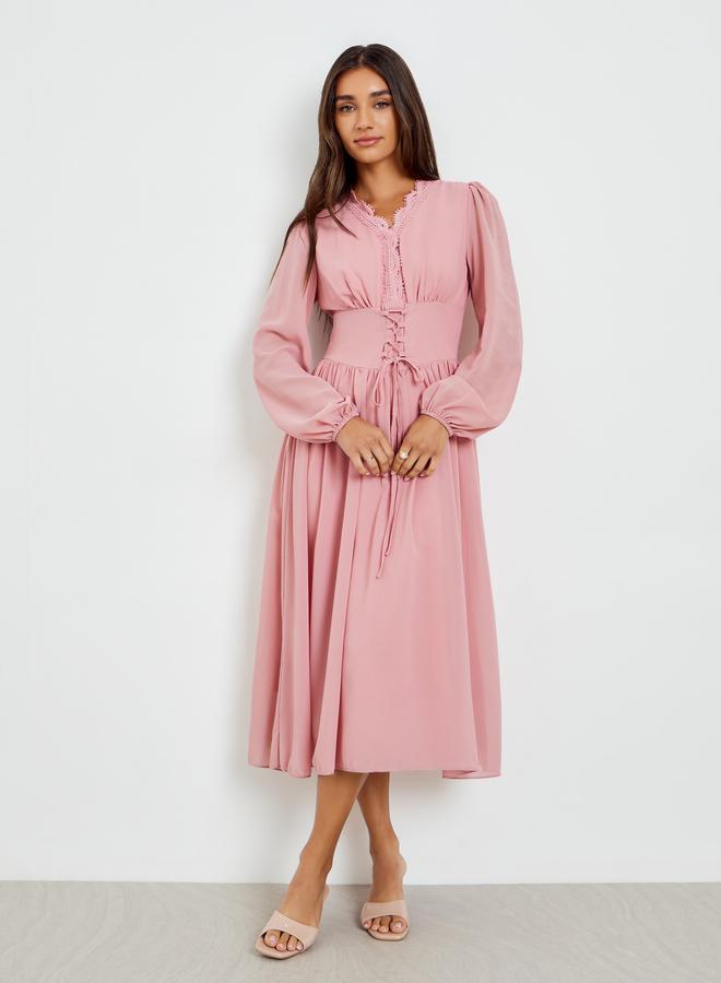 Styli Pink Tie-Up Waist V Neck Midi Dress - Image 3