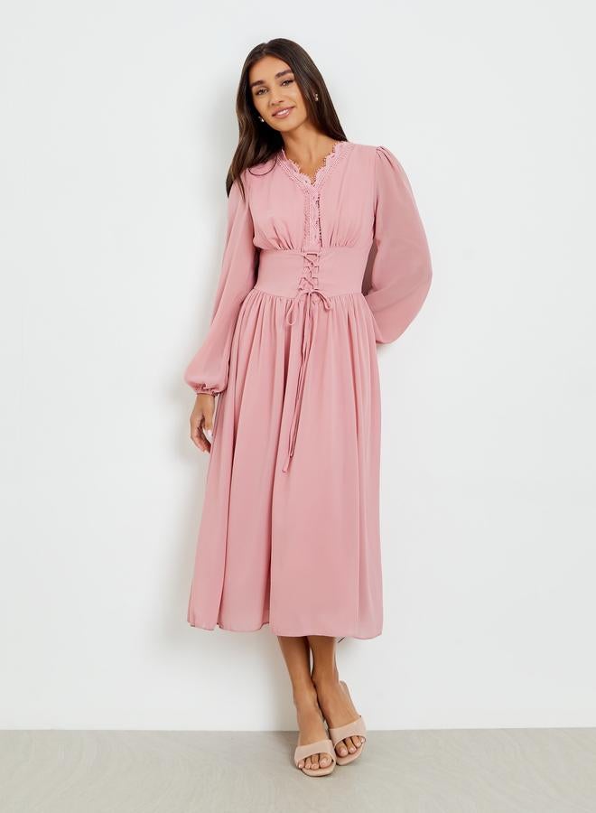 Styli Pink Tie-Up Waist V Neck Midi Dress - Image 2