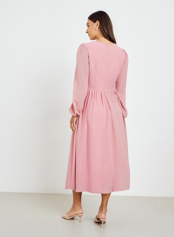 Styli Pink Tie-Up Waist V Neck Midi Dress - Image 5