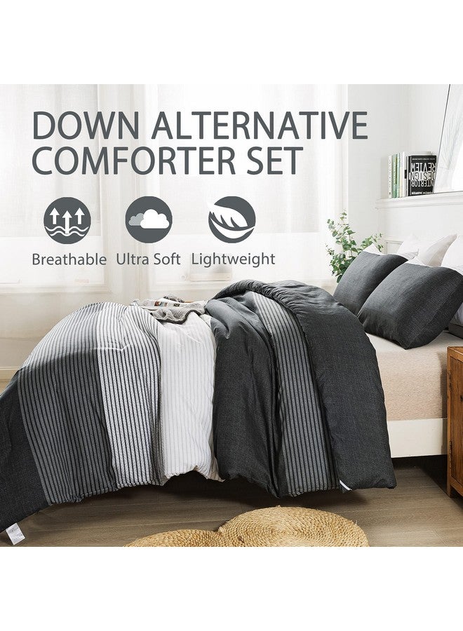 Andency Full Size Comforter Set,3 Pieces Black White Gray Patchwork Striped Comforter(79x90 Inch), Soft Microfiber Down Alternative Full Comforter Bedding Sets with Corner Loops - Image 4