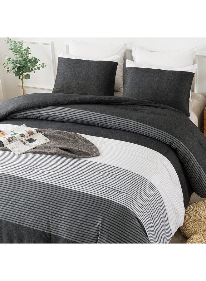 Andency Full Size Comforter Set,3 Pieces Black White Gray Patchwork Striped Comforter(79x90 Inch), Soft Microfiber Down Alternative Full Comforter Bedding Sets with Corner Loops - Image 1
