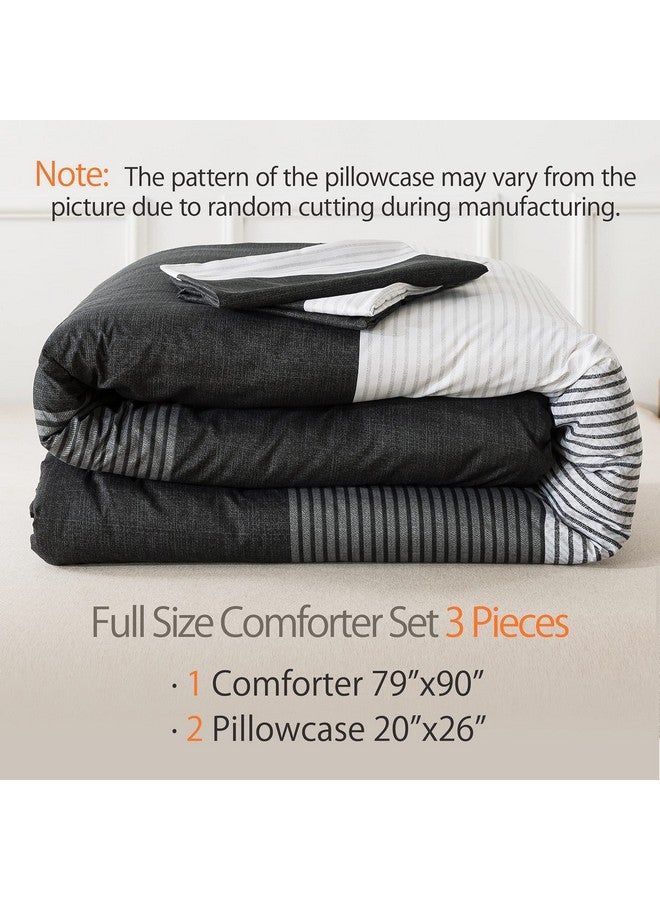 Andency Full Size Comforter Set,3 Pieces Black White Gray Patchwork Striped Comforter(79x90 Inch), Soft Microfiber Down Alternative Full Comforter Bedding Sets with Corner Loops - Image 2