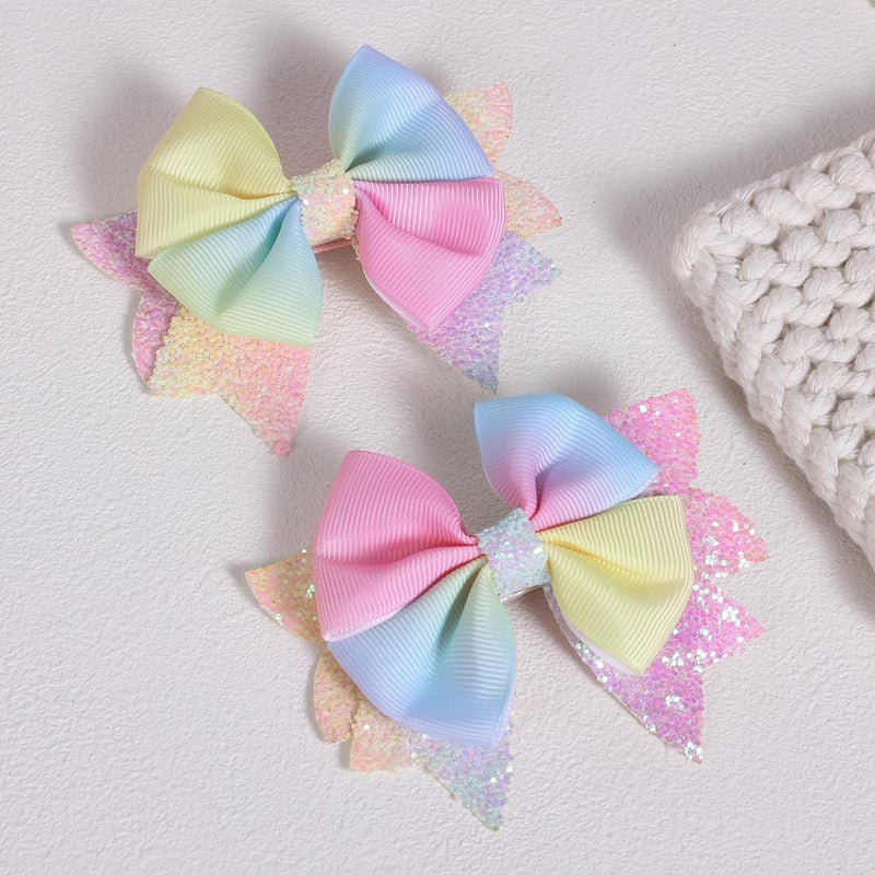 KCHIES 3.5" Girls Hair Bows Rainbow Gradient Multi Colorful Ribbon Bow-knot Alligator Clips Glitter Sequin Hair Pins for Teens Toddler Kids Holiday Dress Decor Accessories Gift in Pairs - Image 2