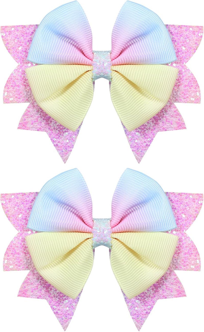 KCHIES 3.5" Girls Hair Bows Rainbow Gradient Multi Colorful Ribbon Bow-knot Alligator Clips Glitter Sequin Hair Pins for Teens Toddler Kids Holiday Dress Decor Accessories Gift in Pairs - Image 1
