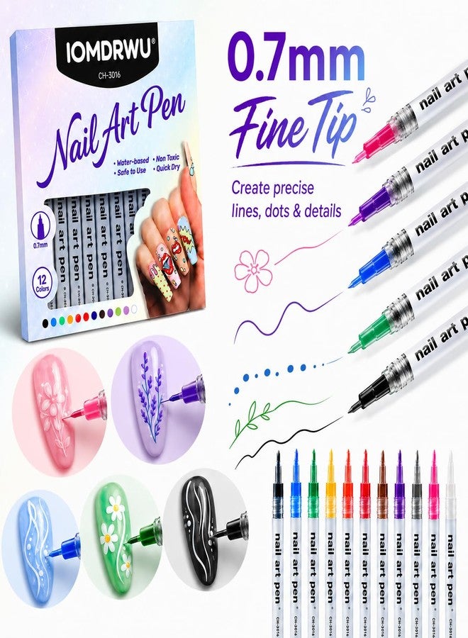 IOMDRWU Nail Art Pens, 12 Color 0.7mm Detail Tip Nail Art Markers, Quick Dry Acrylic Paint Pens for Dots Bold Lines Filling Patterns, DIY Manicure Design Tools for Gel Acrylic Nails - Image 2