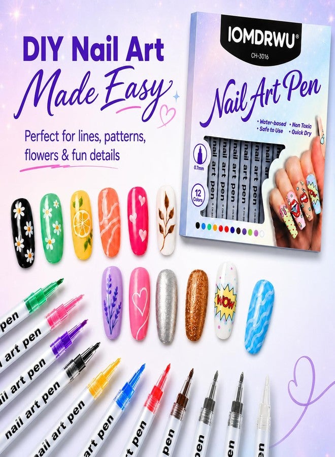 IOMDRWU Nail Art Pens, 12 Color 0.7mm Detail Tip Nail Art Markers, Quick Dry Acrylic Paint Pens for Dots Bold Lines Filling Patterns, DIY Manicure Design Tools for Gel Acrylic Nails - Image 4