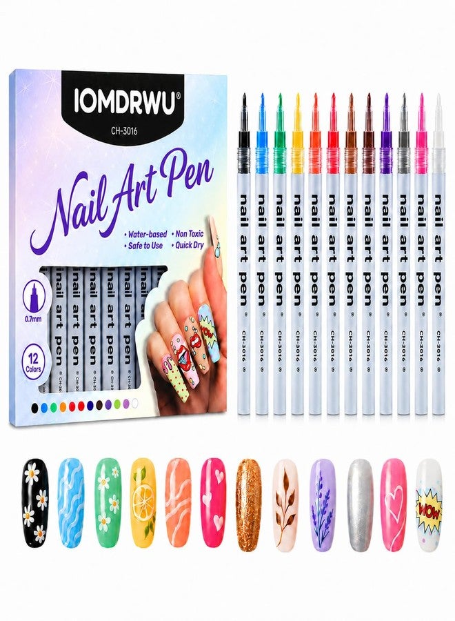 IOMDRWU Nail Art Pens, 12 Color 0.7mm Detail Tip Nail Art Markers, Quick Dry Acrylic Paint Pens for Dots Bold Lines Filling Patterns, DIY Manicure Design Tools for Gel Acrylic Nails - Image 1