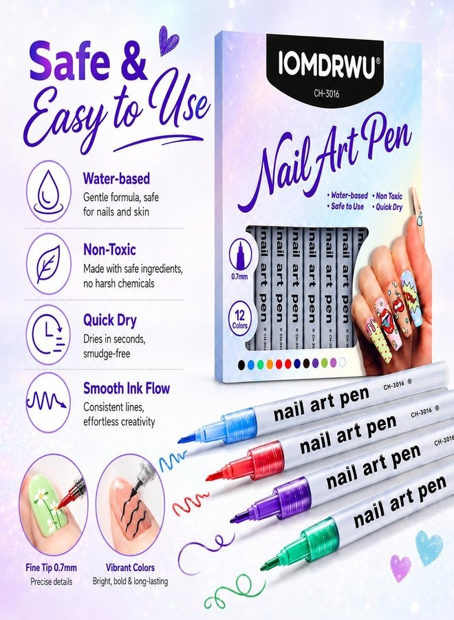 IOMDRWU Nail Art Pens, 12 Color 0.7mm Detail Tip Nail Art Markers, Quick Dry Acrylic Paint Pens for Dots Bold Lines Filling Patterns, DIY Manicure Design Tools for Gel Acrylic Nails - Image 5