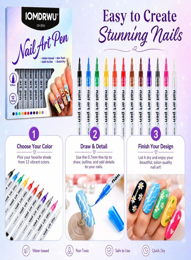 IOMDRWU Nail Art Pens, 12 Color 0.7mm Detail Tip Nail Art Markers, Quick Dry Acrylic Paint Pens for Dots Bold Lines Filling Patterns, DIY Manicure Design Tools for Gel Acrylic Nails - Image 3