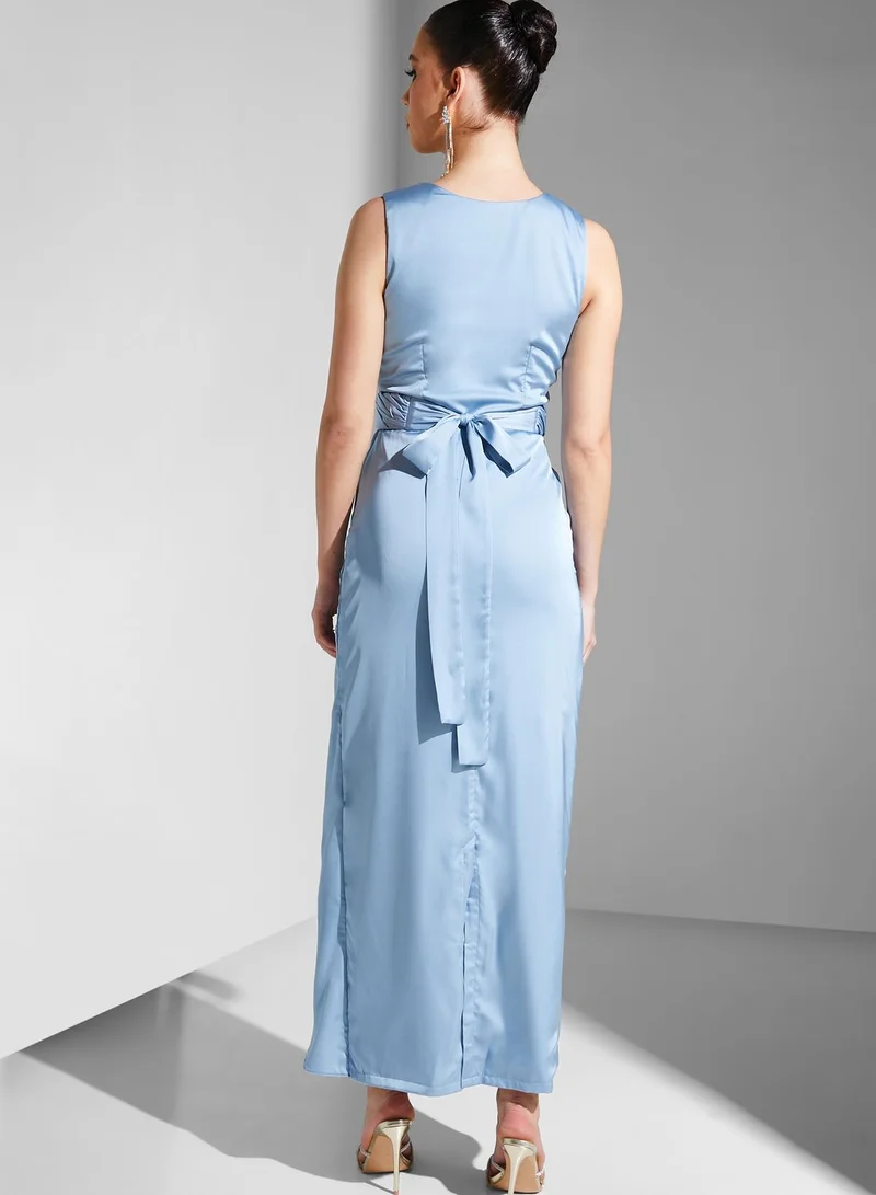 Iyra Surplice Neck Waterfall Trim Dress