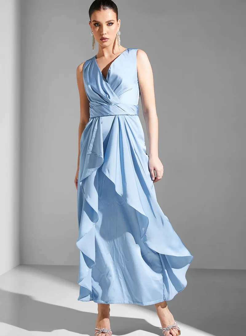 Iyra Surplice Neck Waterfall Trim Dress