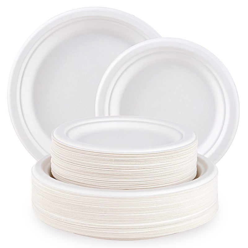 ECOLipak 120 Pack Compostable Paper Plates 9 inch and 7 inch Heavy Duty Disposable Paper Plates Eco friendly Sugarcane Biodegradable for Party Dinner Birthday