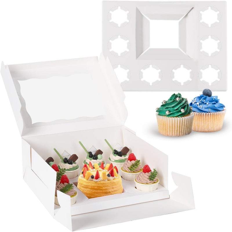 JCD 9 Holes Fit 8 Cupcakes and 1 Mini Cake Box Combo,8 sets of Cake Boxes, Pastry Sweets Bento Box, Cupcake Combo Box with Stickers(1+8/8pcs) - Image 1