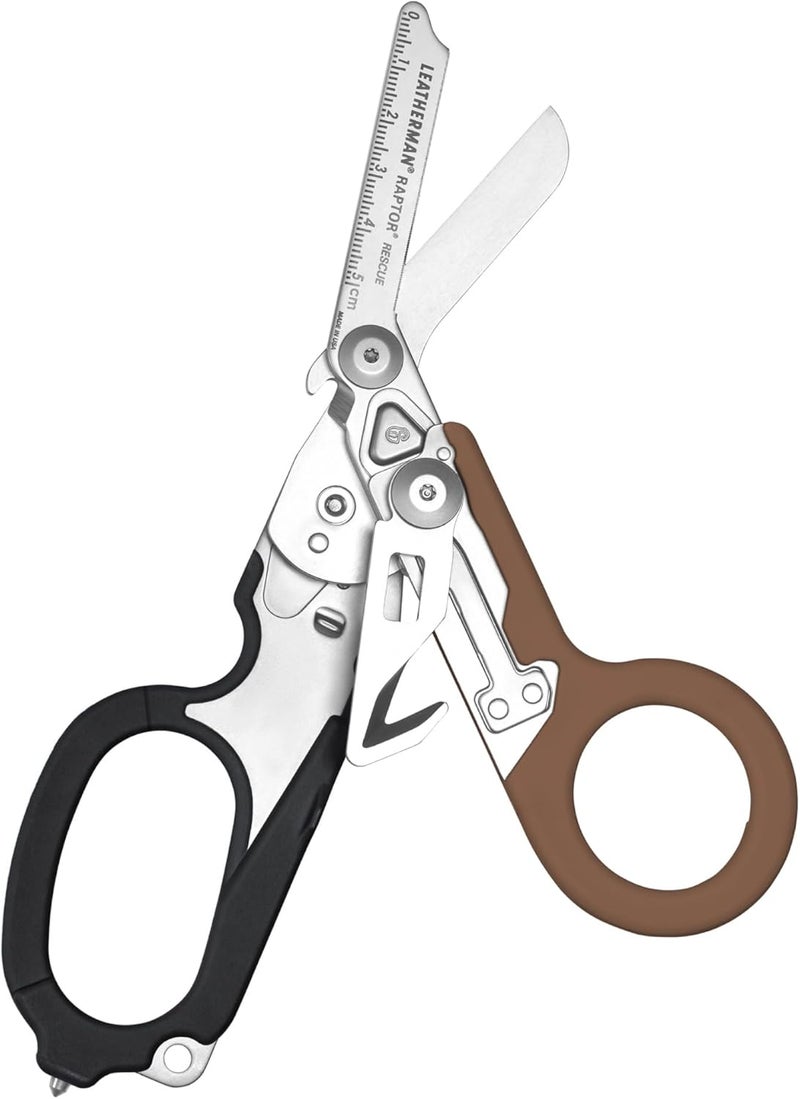 LEATHERMAN إنقاذ رابتور، مقص طوارئ/صدمات ثقيل 6 في 1 مع كاسر زجاج كربيدي وقاطع حزام، صنع في الولايات المتحدة الأمريكية، حافظة أدوات متضمنة، تان/أسود، مع حافظة أدوات - Image 1