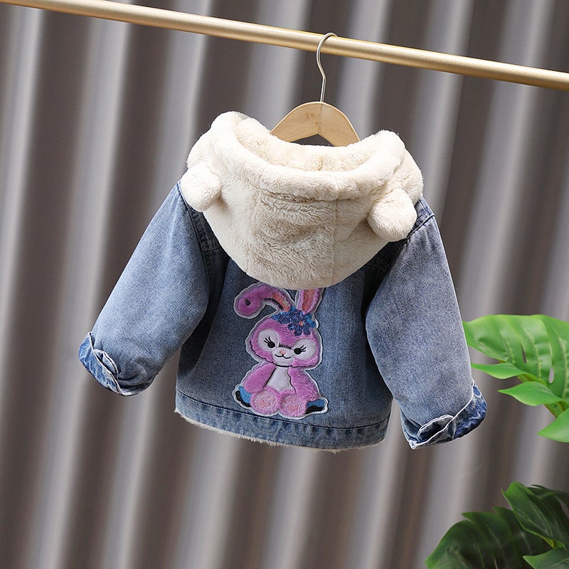 Girls' Denim Coat 2022 New Korean Style Fleece-Lined Thickened Children'S Dress Girls' Winter Western Style Top - Image 1