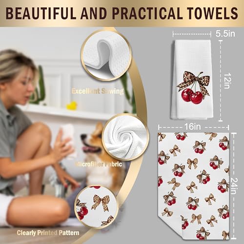 LUKIPOM Coquette Leopard Bow Cherry Preppy Hand Kitchen Towels Set of 2, Trendy Cheetah Cherry Print Coquette Bow Bathroom Kitchen Decor, 16x24 Inch - Image 2