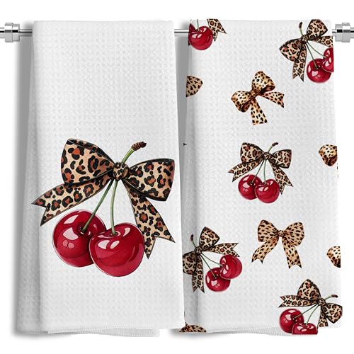 LUKIPOM Coquette Leopard Bow Cherry Preppy Hand Kitchen Towels Set of 2, Trendy Cheetah Cherry Print Coquette Bow Bathroom Kitchen Decor, 16x24 Inch - Image 1