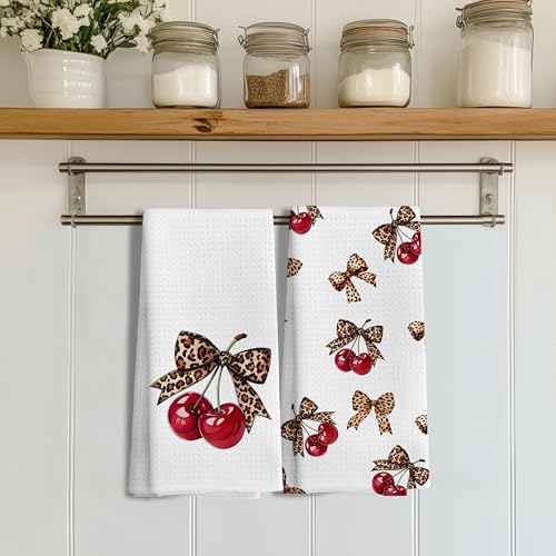 LUKIPOM Coquette Leopard Bow Cherry Preppy Hand Kitchen Towels Set of 2, Trendy Cheetah Cherry Print Coquette Bow Bathroom Kitchen Decor, 16x24 Inch - Image 3