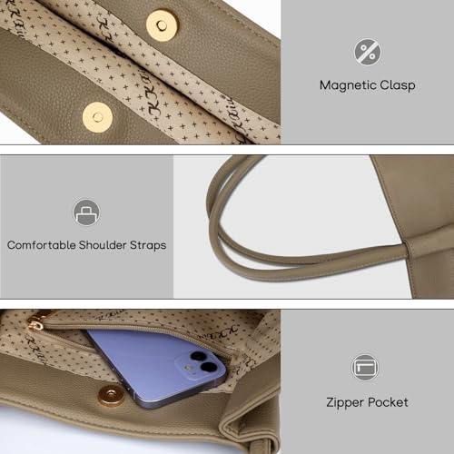 KKXIU Tote Bag for Women Vegan Leather Shoulder Purse Large Capacity Travel Bag (Khaki) - Image 5