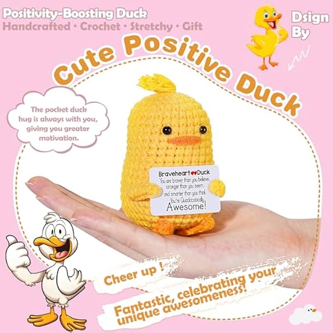 RoomyRoc Inspirational Crochet Duck, Positive Affirmation Duck Toy for Anxiety & Stress Relief, Handmade Mental Health Gifts for Women Men, Cute Home Office Desk Decor for Adults Teens - Image 2