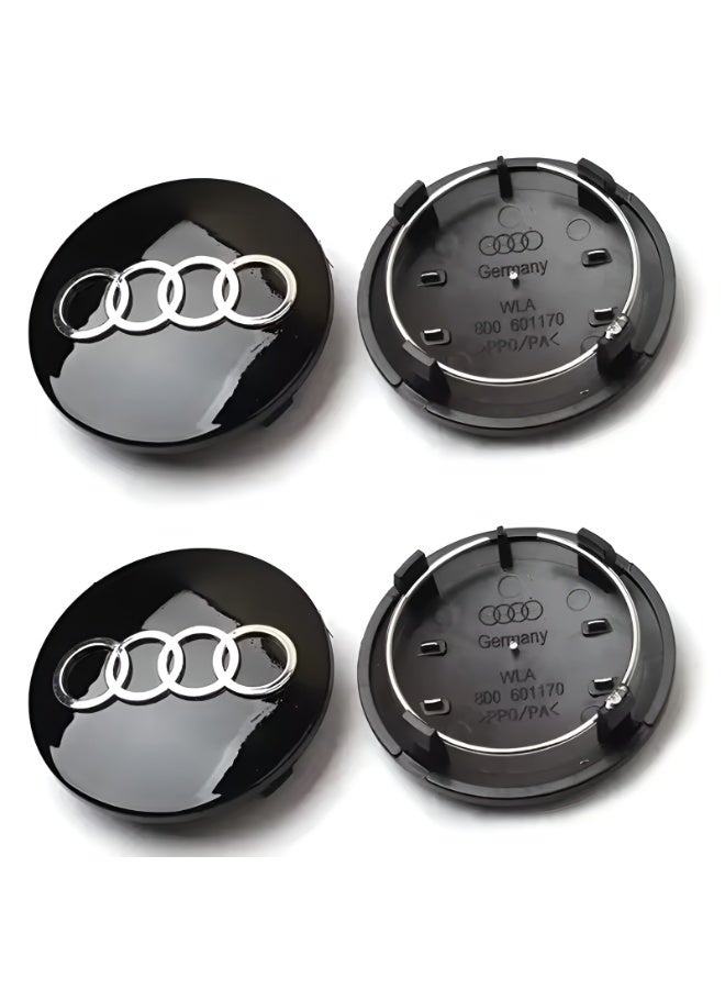 4 قطع أغطية مركز جنوط سيارات أودي مقاس 68 مم باللون الأسود | أغطية وسط العجلات سهلة التركيب بنظام الضغط
