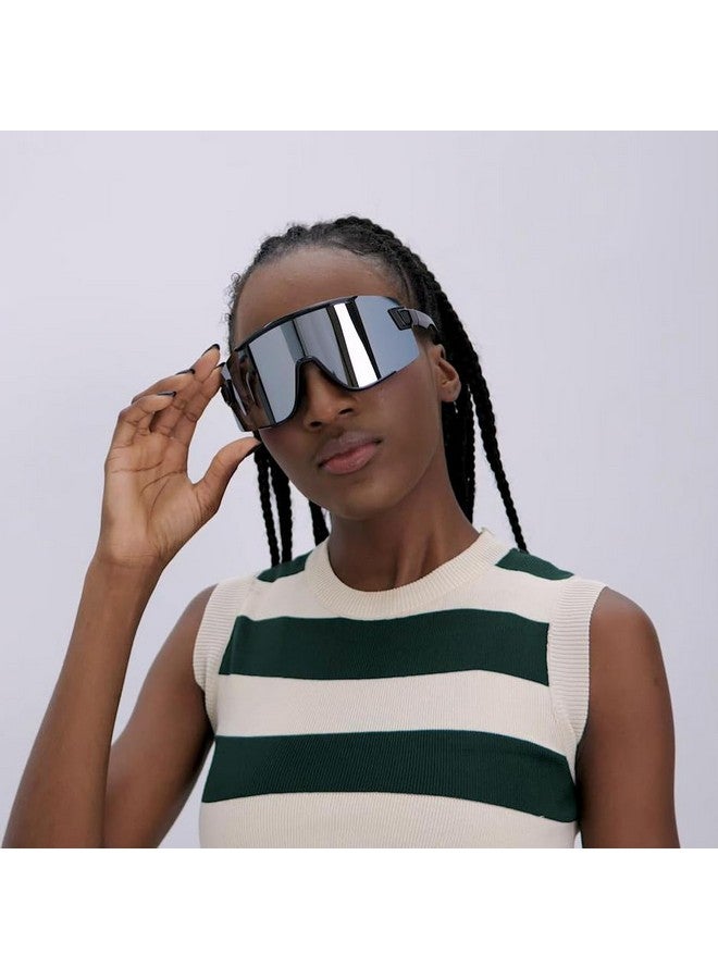 Karsaer نظارات شمسية كارسير الكبيرة مع إطار أسود وعدسات مرآة بيضاء للرجال والنساء، نظارات فيستيفال، نظارات شمسية للدراجات والتزلج B5019 - Image 2