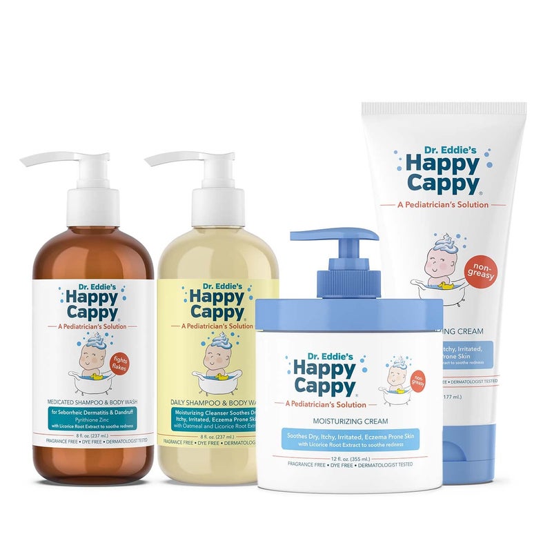Happy Cappy 3-Step Skincare Bundle - Baby Dandruff Shampoo, Moisturizing Eczema Body Wash & Lotion for Kids, Toddlers & Adults - Medicated & Daily Shampoo (8oz Each), Moisturizing Cream (6oz & 12oz) - Image 1