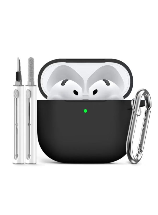 Soft Silicone Protective Case Cover for AirPods 4 with Cleaner Kit and Keychain (Black) - Image 1